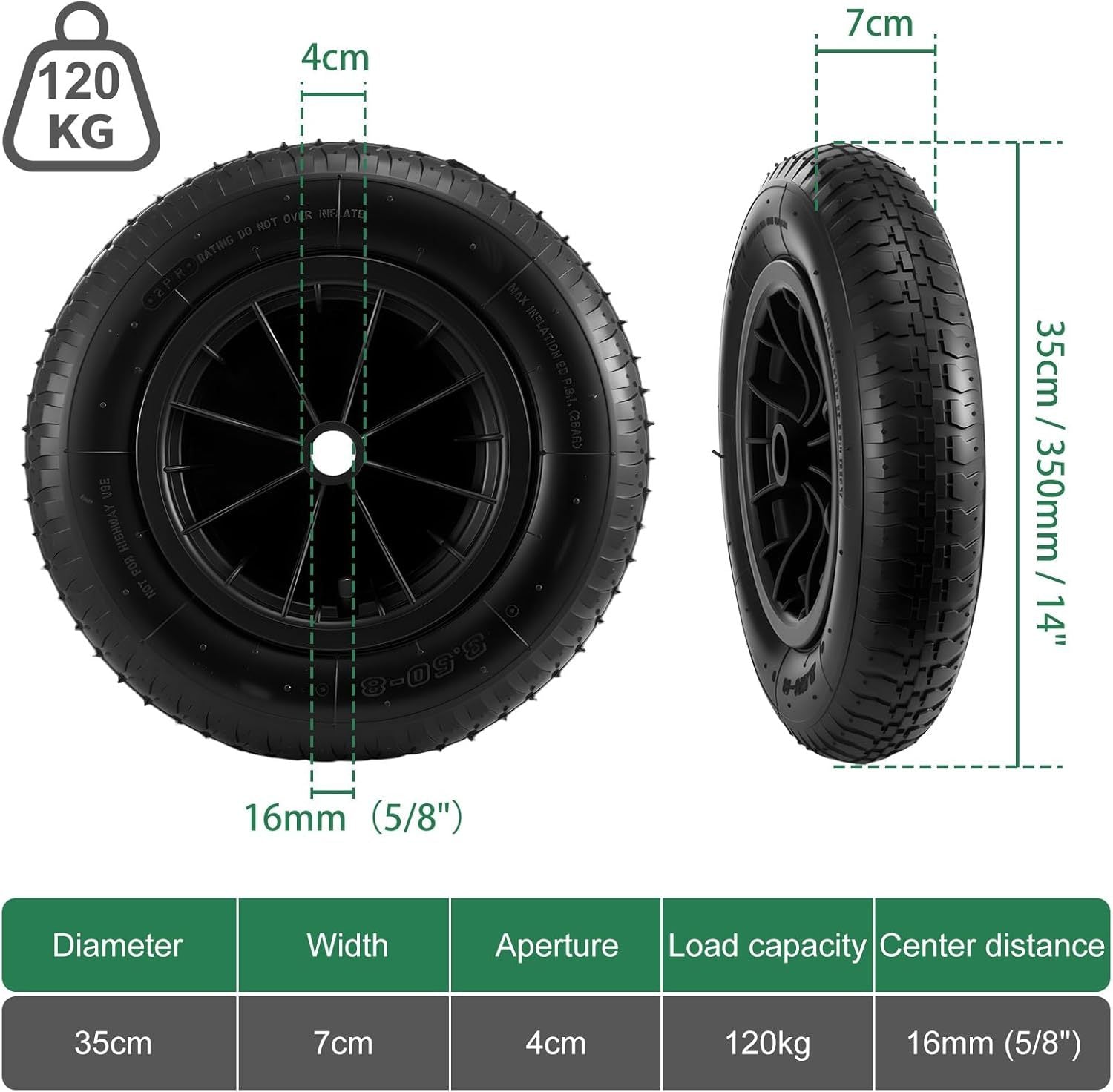 Wheelbarrow Wheel with Wheels, 350mm, 120kg, Inch Solid Tyre Heavy Duty Replacement - product gallery image 17