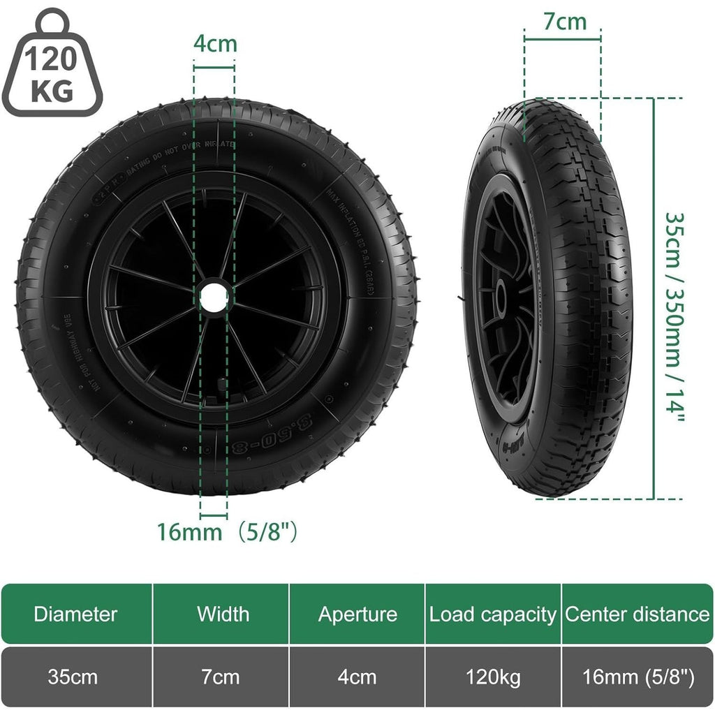 Wheelbarrow Wheel with Wheels, 350mm, 120kg, Inch Solid Tyre Heavy Duty Replacement - product gallery image 2