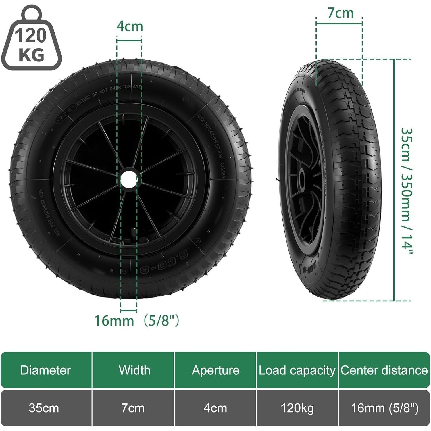 Wheelbarrow Wheel with Wheels, 350mm, 120kg, Inch Solid Tyre Heavy Duty Replacement - product gallery image 2