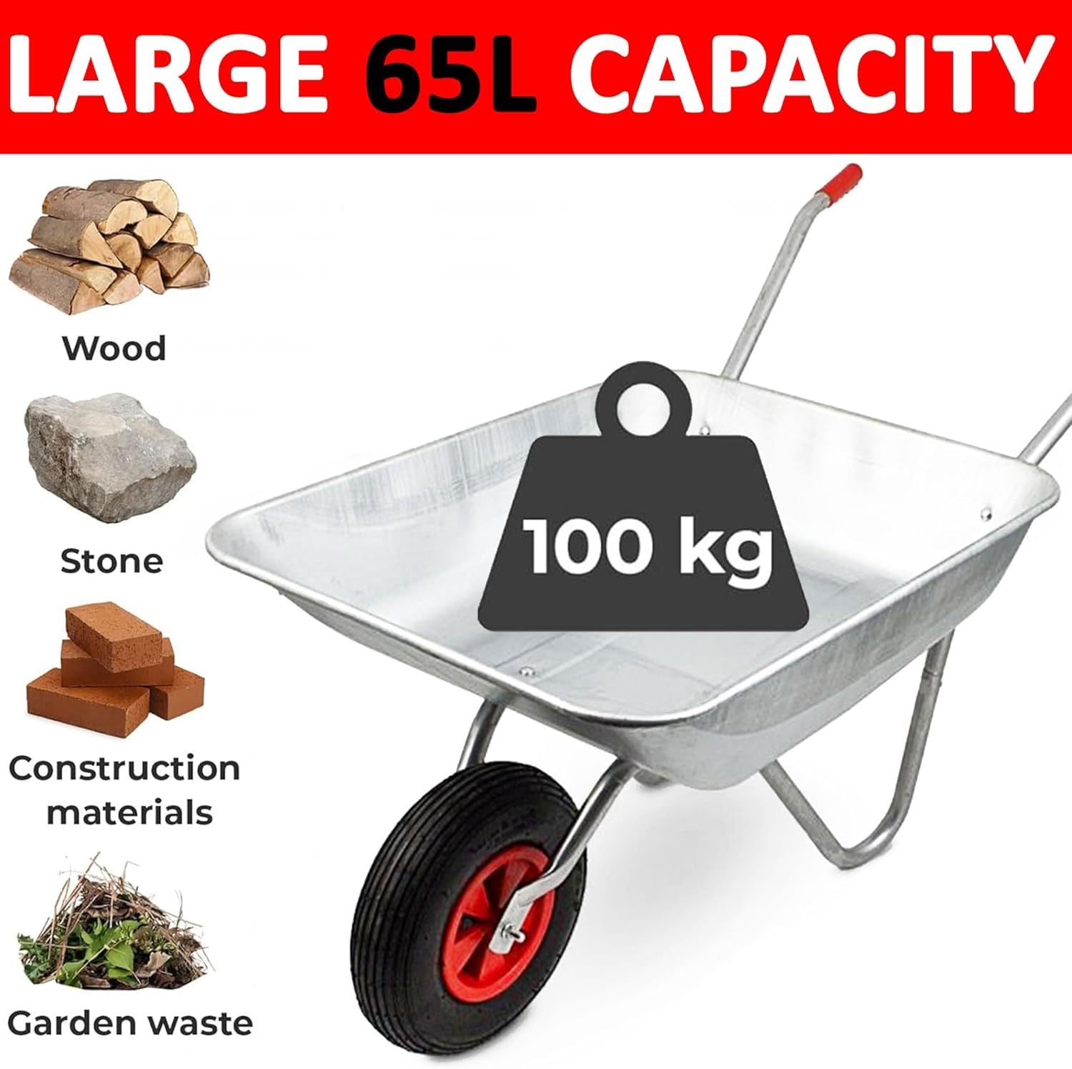 Wheelbarrow with 100KG, Wood, 1, Heavy Duty Galvanised Steel Pneumatic Tyre - product gallery image 12