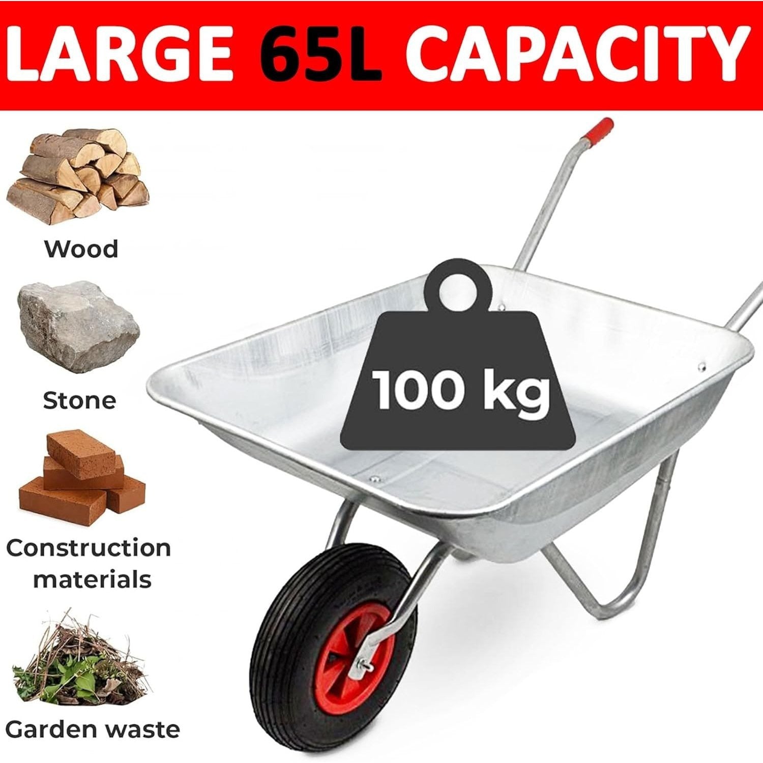 Wheelbarrow with 100KG, Wood, 1, Heavy Duty Galvanised Steel Pneumatic Tyre - product gallery image 6