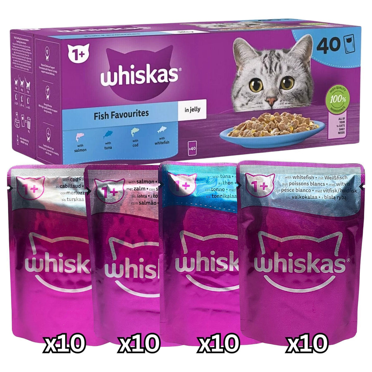 Whiskas Fish Favourites in Jelly 1+ Adult with 85g, Pack of 40 - Pack of 40 option