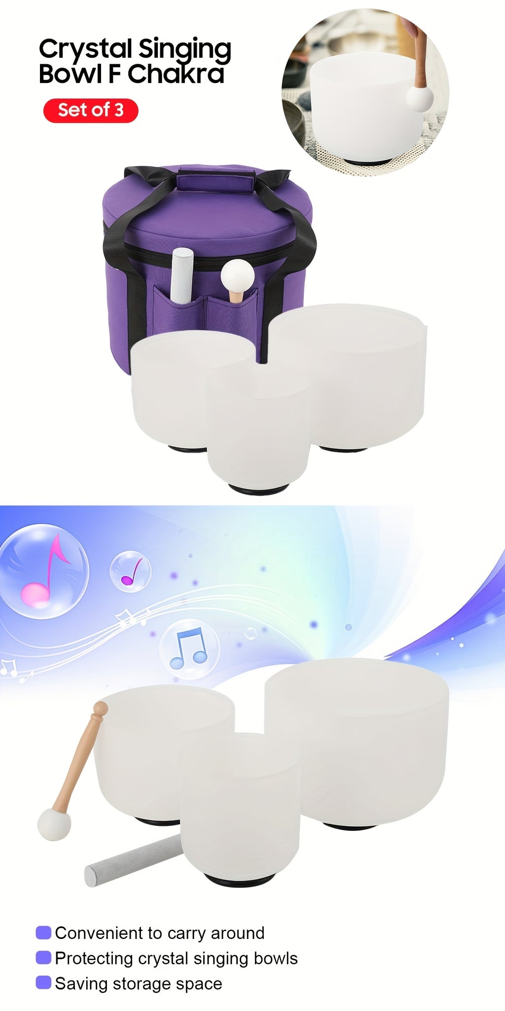 White 3pcs Frosted Quartz Crystal Singing with Bowls 6/8/10 Inch Travel Carry Case - product gallery image 5
